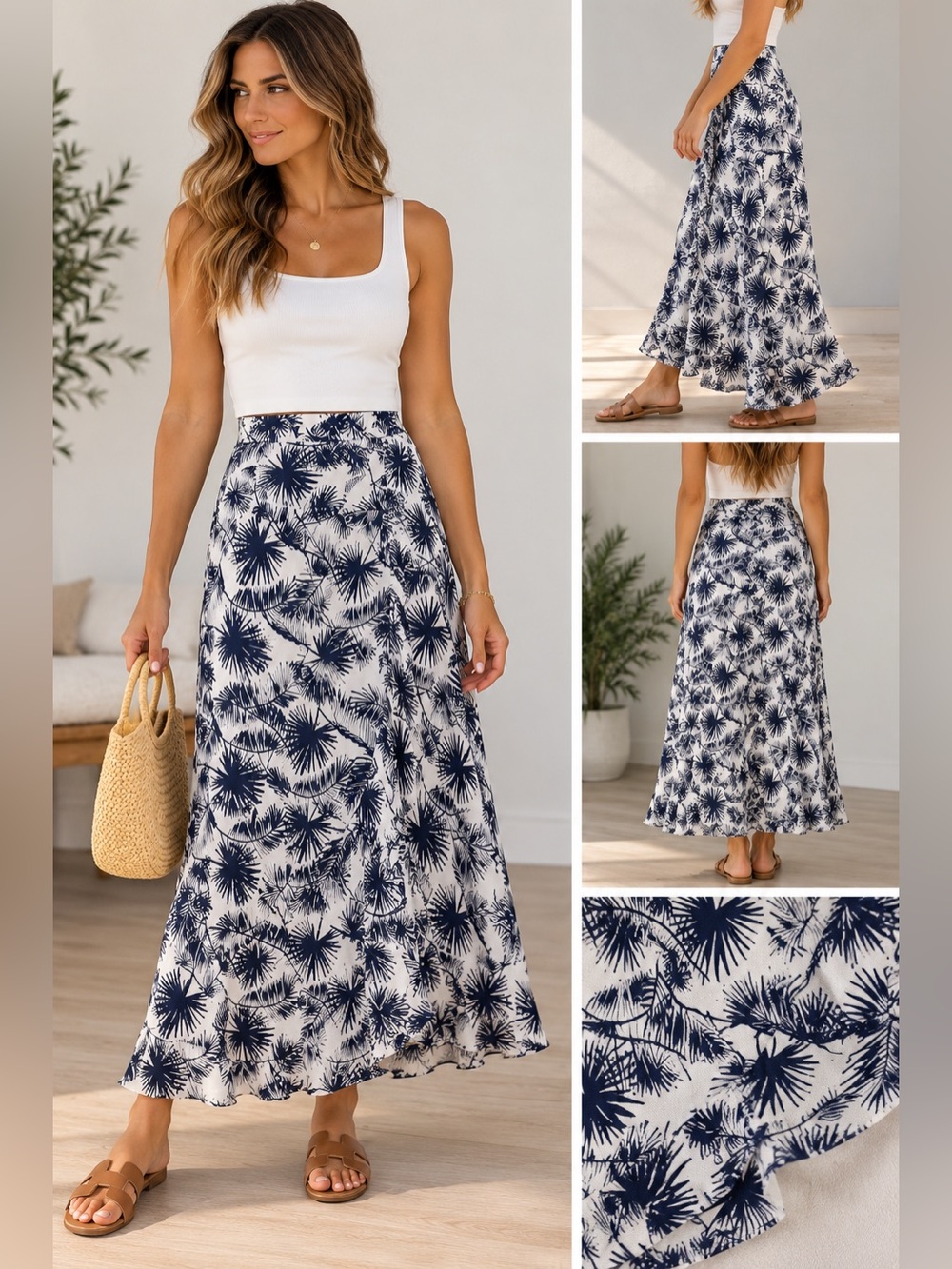 Lulus Navy & White Tropical Palm Print Ruffle Midi Skirt Size M